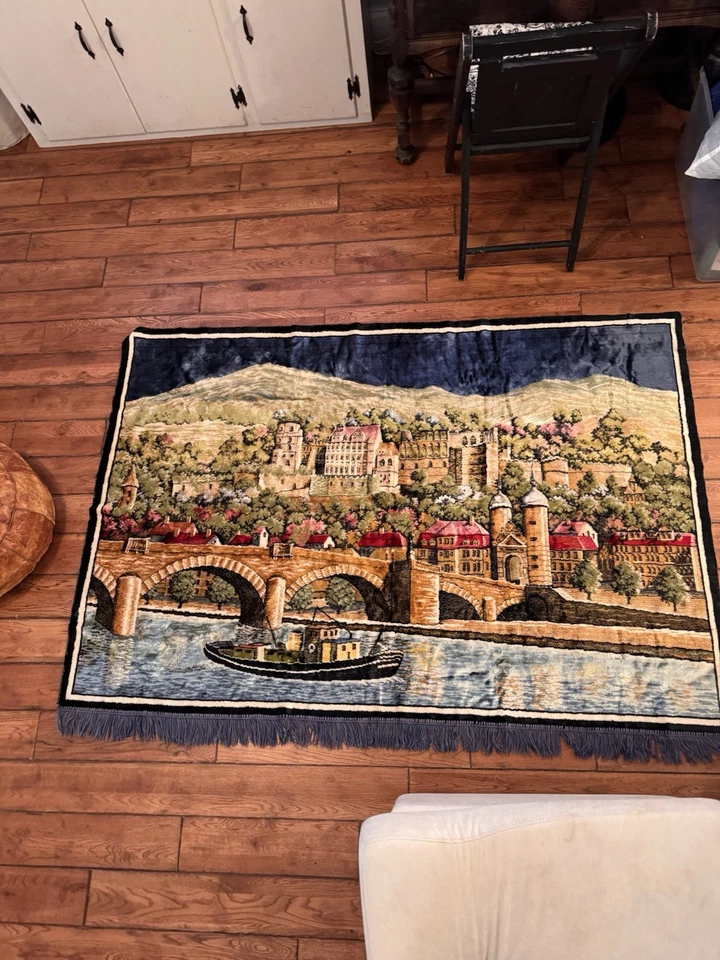 Vintage European Village Tapestry Wall Hanging Landscape River Castle Core 47x70 - Image 2 of 4