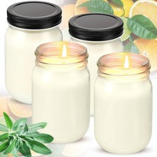 4 Pack 12 oz Mason Jar Soy Candle with Oils, Sage Mixed with Citrus