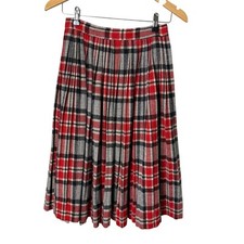 Vintage 70s Size Small Wool Pleated Skirt Red Gray Plaid Tartan High Waist