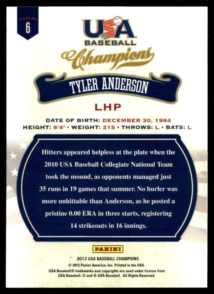 2013 Panini USA Champions Tyler Anderson Rookie USA #6 - Image 2 of 2