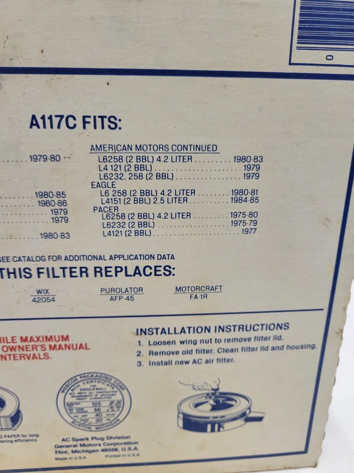 Filtro de aire A117C AC Delco para camioneta Dodge, Eagle Pacer Concord Spirit Foto 4 de 4