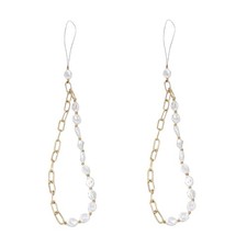 2Pcs Gold Mobile Lanyard, Metal Chain Pearl Beaded Charms Lanyard Strap Unive...