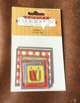 VINTAGE 2005  SULYN BAR-B-QUE COOKBOOKIN 6 METAL RIM SQUARE TAGS *