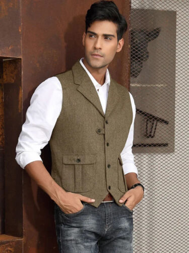 Men's Vest Tweed Lapel Casual Business Sleeveless Jacket Herringbone Vest Coat - Picture 15 of 32