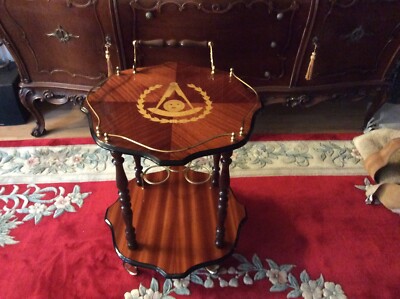 Vintage Italian Inlaid Marquetry Wood Serving Bar & Tea Card with Masonic Symbol