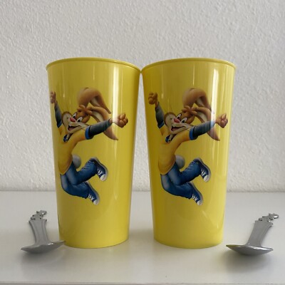 Nestle Nesquik Two Yellow Tumbler Cups & Two Bunny Spoons NEW