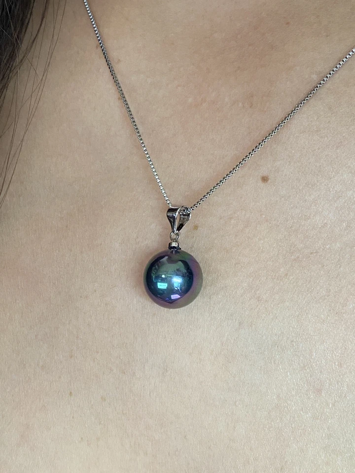 Collar de cadena de plata de ley 925 con colgante de perlas de agua dulce negras de 12 mm de longitud de 17" Foto 3 de 4