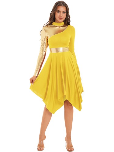Damen Tanzkleid Eiskunstlauf-Kleid Langarm Ballettkleid Asymmetrisch Tanz Kostüm - Bild 60 von 95