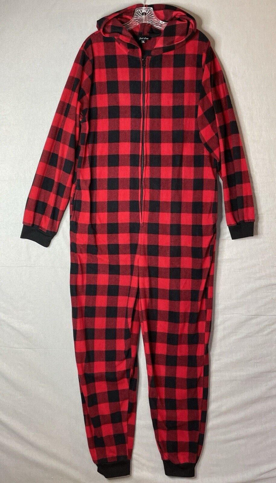 Just Love Women's Size XL One Piece Pajamas Red & Black Plaid Zippered Hooded