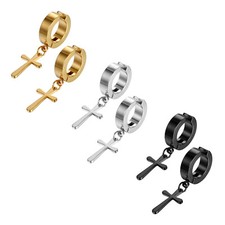 2-6pcs Men Women Stainless Steel Cross Dangle Hoop Clip on Earrings Non-Piercing