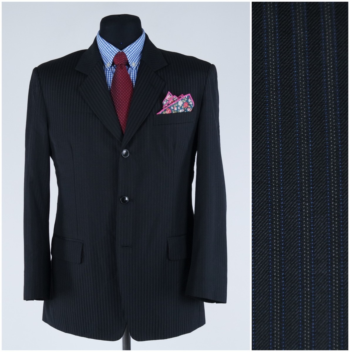 Mens Striped Sport Coat 40S US Size Dark Grey Wool Blazer Jacket