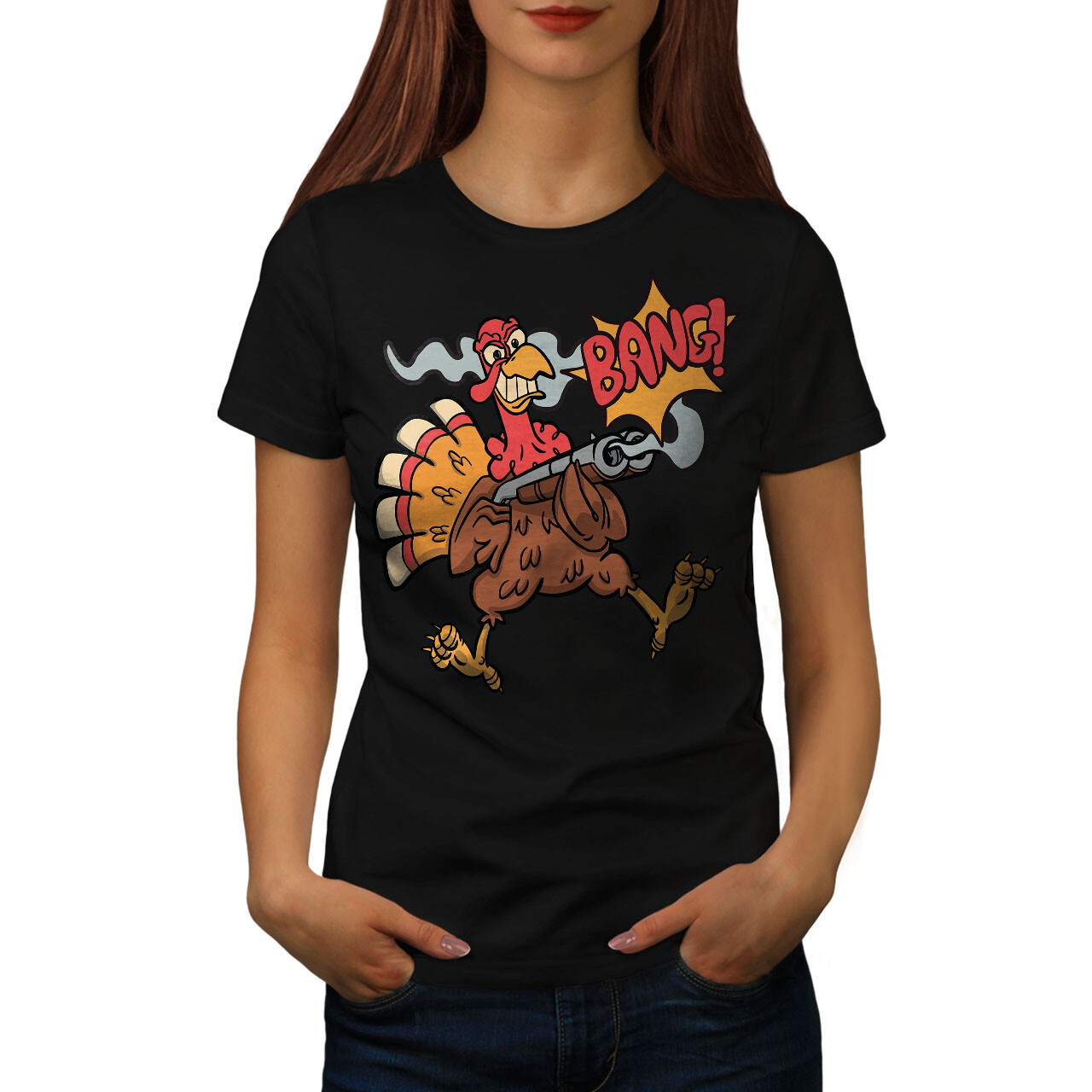 Wellcoda Bang Turkey Thanksgiving Humor Cartoon Womens T-shirt