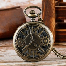 Vintage Hollow Gear Men Women Analog Quartz Pocket Watch Necklace Chain Gift