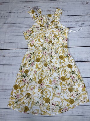 SOHO White Gold Floral Halter Dress Sheer Front Slit Knee Length Cocktails M NWT