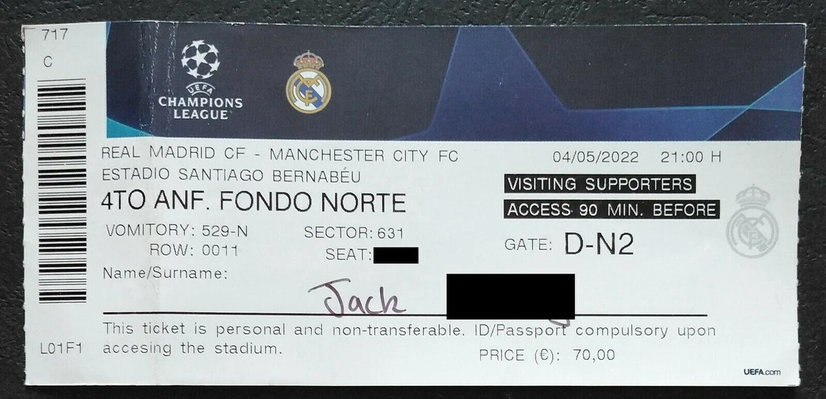 TICKET UEFA Champions League 4.5.2022 Real Madrid Manchester