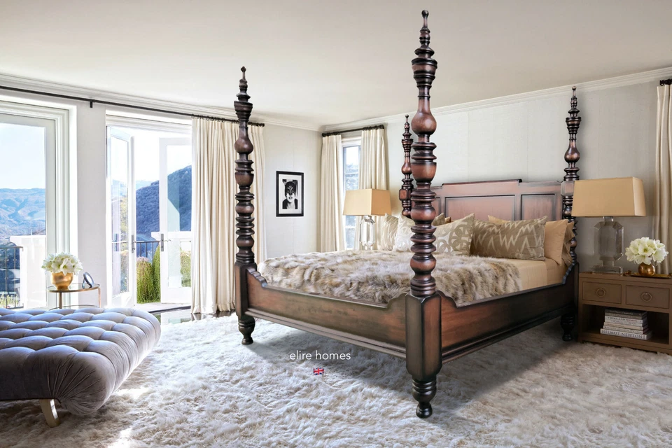 A MEDIDA ~ 5' Cama Oscura Caoba Estilo Holandés Diseñador Cuatro Pósters Probador de dosel Foto 4 de 4