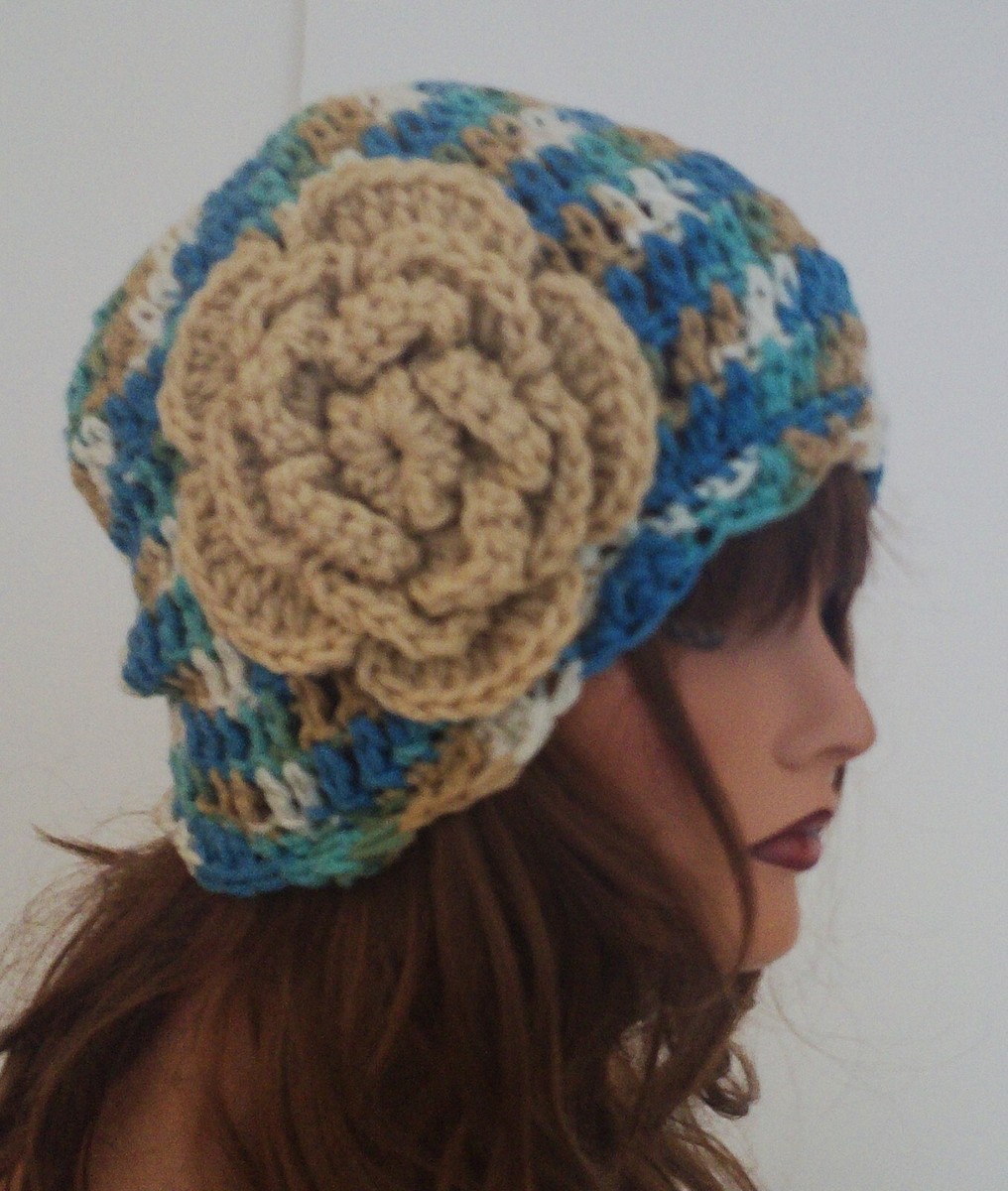 Crochet Flower Pattern Knit Hat With Flower On Side BLUE BEIGE