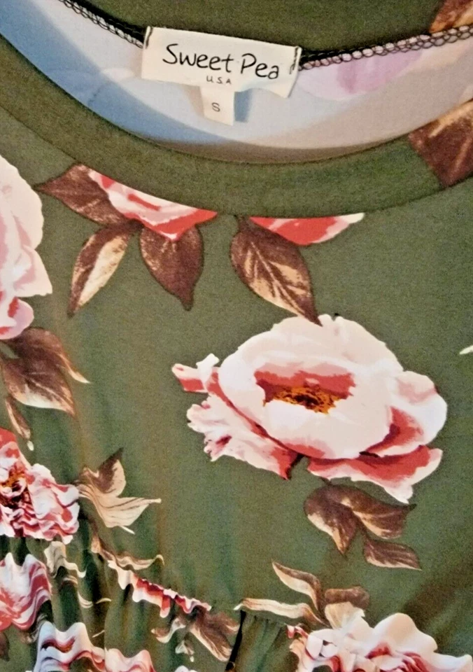 Vestido midi para mujer Sweet Pea verde oliva floral manga 3/4 talla pequeña Foto 4 de 4