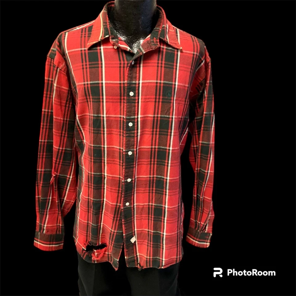 Camisa de Trabajo De Colección Años 70 80 Ralph Lauren BÚFALO CUADROS FRANELA DESGASTADA Polo Logo Foto 2 de 4