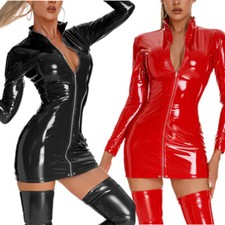 Womens Patent Leather Bodycon Short Dress Sexy Long Sleeve Zipper Party Clubwear