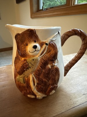 Brown Bear Pitcher with Fishing Pole Stoneware Rope Handle Rod Reel Kitchen