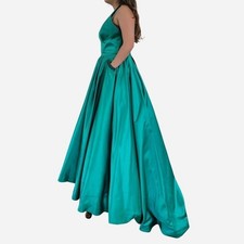 Sherri Hill green satin halter neck maxi dress with pockets Style #50052 Size 10