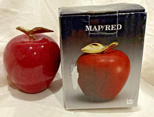 Stone Marble Red Apple Paperweight with Brass Stem Polished Vintage Original Box