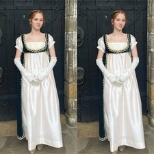 Hunter Green White History Regency Open Robe Evening Dresses Velvet Applique