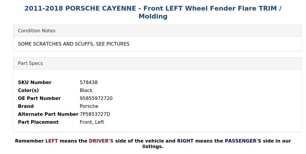 2011-2018 PORSCHE CAYENNE - Front LEFT Wheel Fender Flare TRIM / Molding