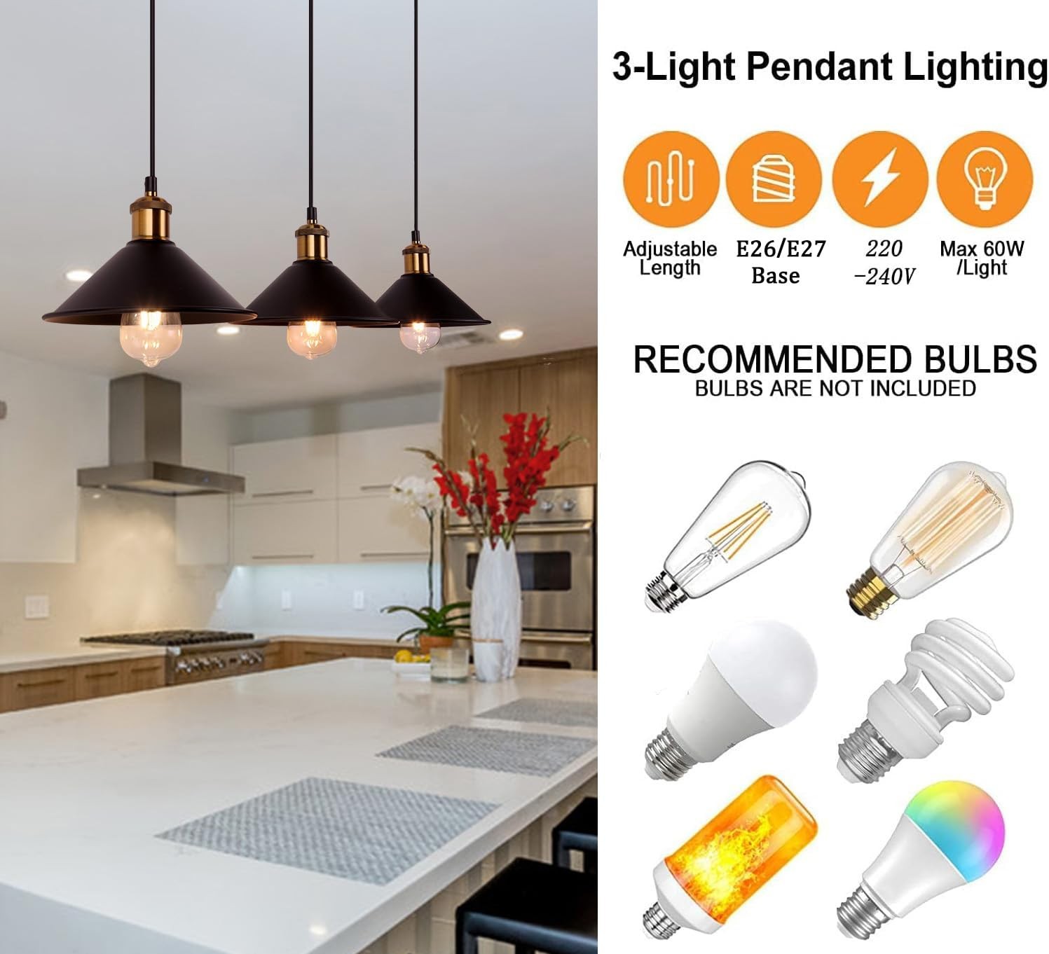 3-Light Industrial Pendant Light Fixture, Adjustable Metal Hanging Lamp, Vint...