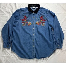 Bobbie Brooks Womens Denim Shirt Christmas Cardinals Presents Velvet Collar XL