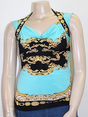 Turquoise & Black Cache Top w Distinctive Gold Rocco-style Baroque Print Size S