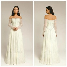 Off Shoulder Evening Gown with Strapless Long Sleeves Beaded A-line Ball Dress