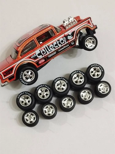 CUSTOM WHEELS RUBBER TYRES TIRES 5 SETS 1/64 CHROME REAL RIDERS 55 CHEVY GASSER