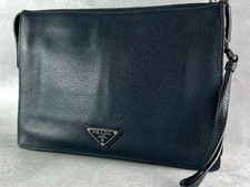 Prada Saffiano Leather Triangle Logo Clutch Bag Wrist Strap Black Auth