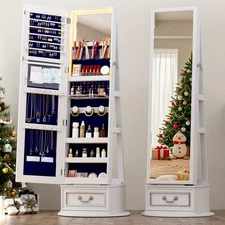 360°Swivel Jewelry Armoire with Full Length Mirror- Lockable & 3 Color LED Light