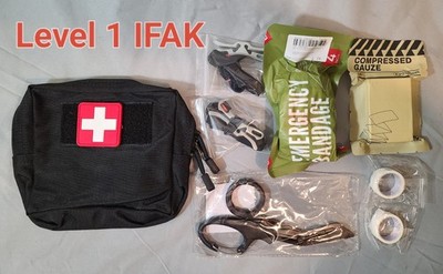 COMPLETE LEVEL ONE IFAK KIT IN BLACK POUCH. TRAUMA SUPPLIES, FIRST AID. NEW