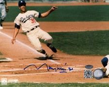 Maury Wills Signed Dodgers Sliding Into Home 8x10 Photo - (SCHWARTZ COA)