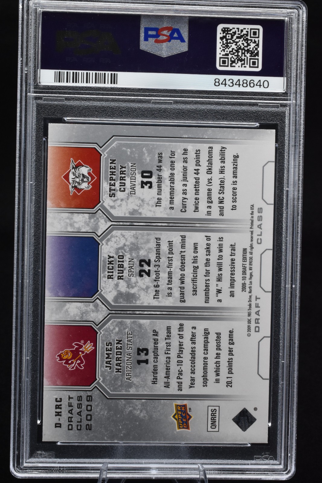2009-10 UD Draft Edition Class Steph Curry James Harden Ricky Rubio #D-HRC PSA 8 view 2