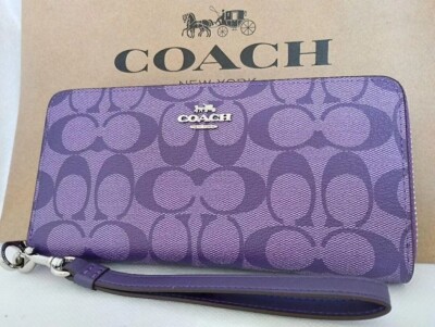 COACH Long Round Zip Wallet with Strap Purple Signature C4452