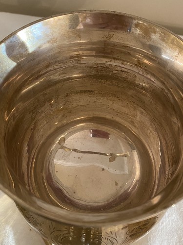 Vtg 6" Solid Brass Etched Ice Bucket W Strainer Tongs 4 Goblets Silver Lining - Picture 11 of 24