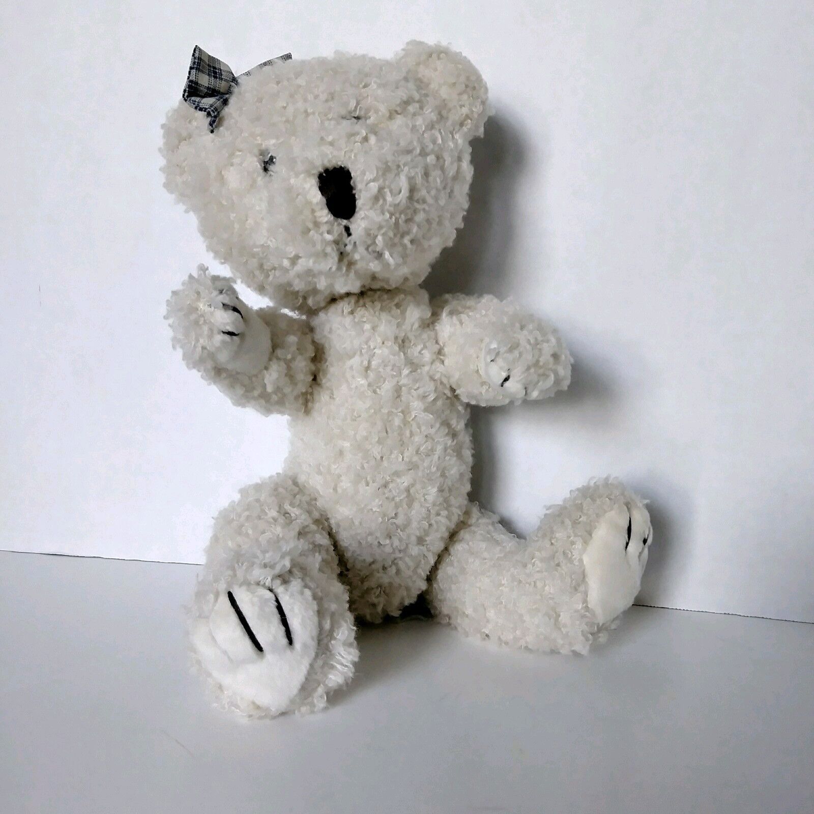 Small Stuffed Bear with Bow; Adjustable Head, Arms, & Legs; Off-white