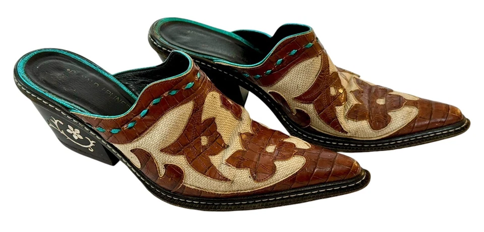 DONALD J. PLINER Juno Leather Brown Turquoise Western Couture Italian Mules 7M - Image 2 of 4