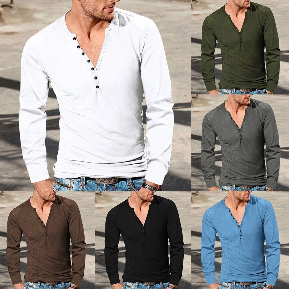 Stylish Men s Henley Shirts Retro Long Sleeve V Neck Pullover Top Blouse