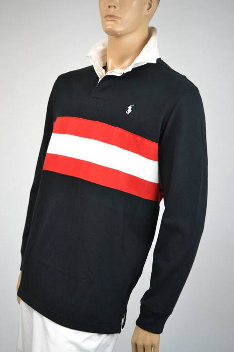 Felpa Ralph Lauren rugby a righe nere a maniche lunghe pony bianco Nuova con etichette