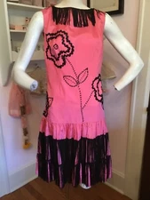 Vintage Flapper 1920’s Dress Costume Hot Pink & Black Sequins Beads Fringe Small