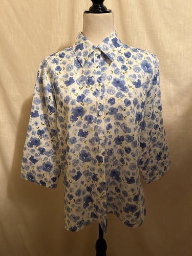 Liz Claiborne 100% Leinen M Oberteil mit Knopfleiste 3/4 Ärmel blau Blumen Frühling
