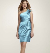 Davids Bridal dress pool blue one shoulder satin short 84333 pool