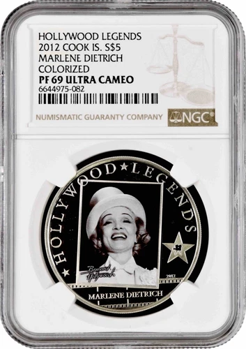 Cook Islands 5 dollars 2012, NGC PF69 UC, "Hollywood Legends - Marlene Dietrich"