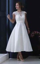 V Neck Short Wedding Dresses Cap Sleeve Appliques Satin Bridal Gowns Tea Length